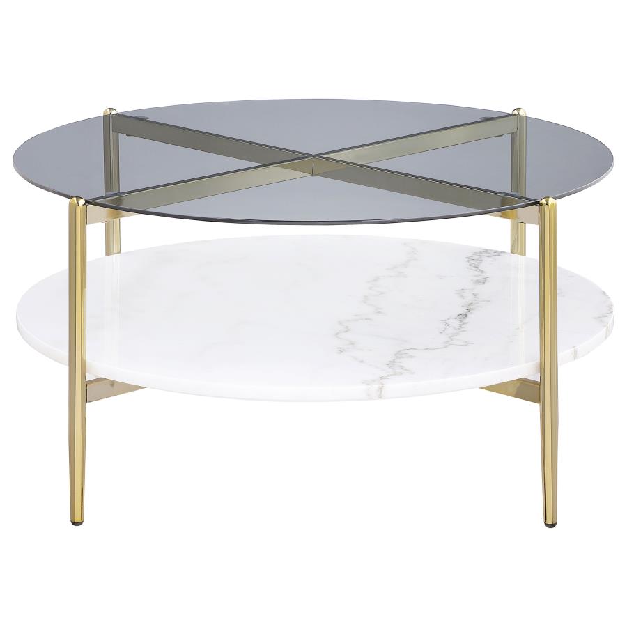 (image for) Jonelle Round Glass Top Coffee Table White Marble Shelf Gold