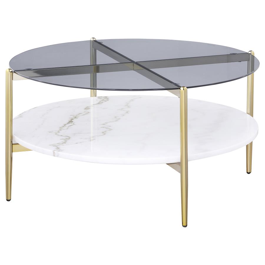 (image for) Jonelle Round Glass Top Coffee Table White Marble Shelf Gold