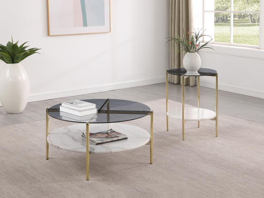 (image for) Jonelle Round Glass Top Coffee Table White Marble Shelf Gold