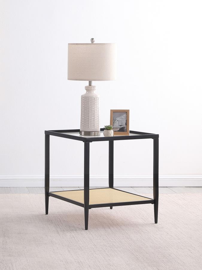 (image for) Amherst Glass Top Metal with Cane Shelf End Table Black