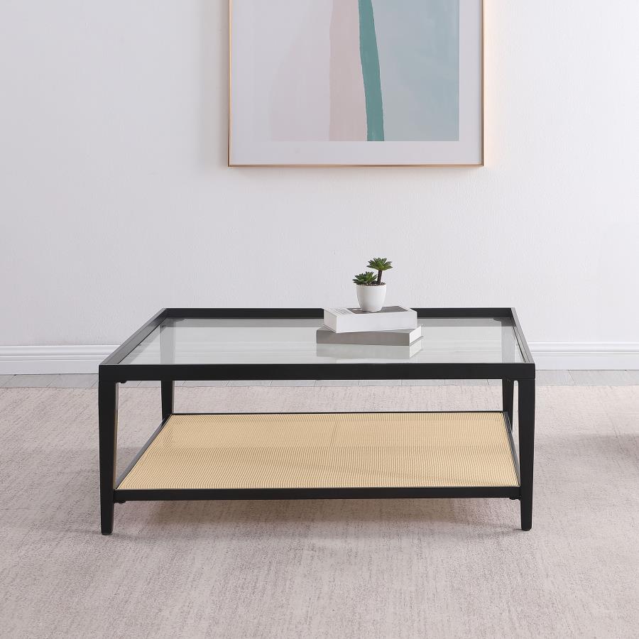 (image for) Amherst Glass Top Metal with Cane Shelf Coffee Table Black