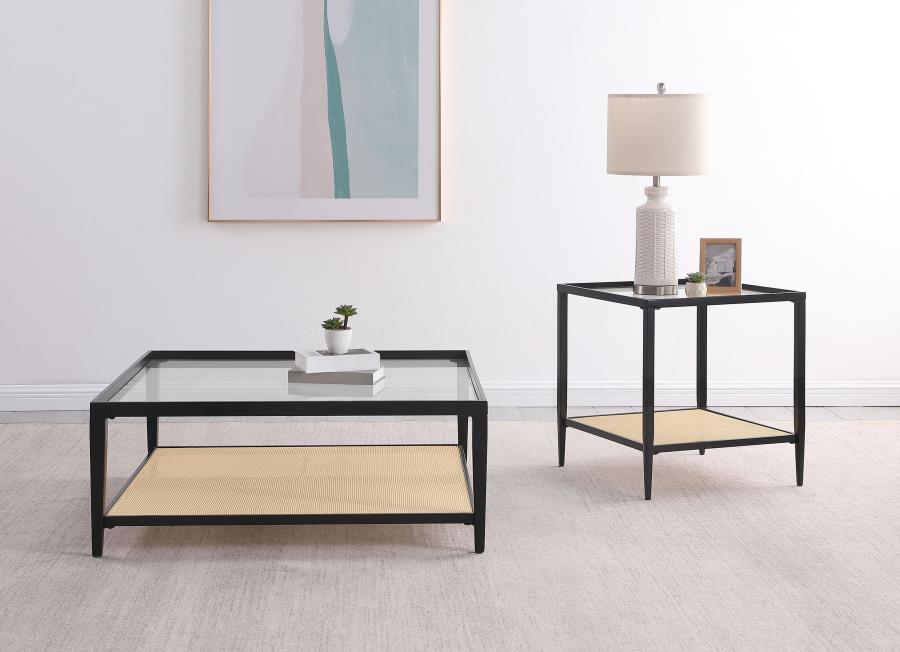 (image for) Amherst Glass Top Metal with Cane Shelf Coffee Table Black