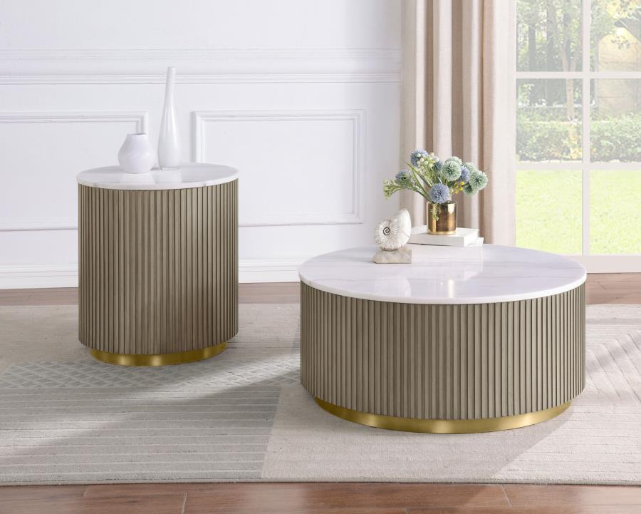 (image for) Jason 2-piece Round White Marble Coffee Table Set Greige