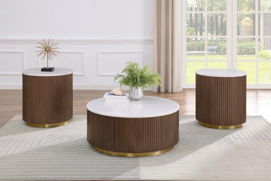 (image for) Jason 3-piece Round White Marble Coffee Table Set Honey Brown