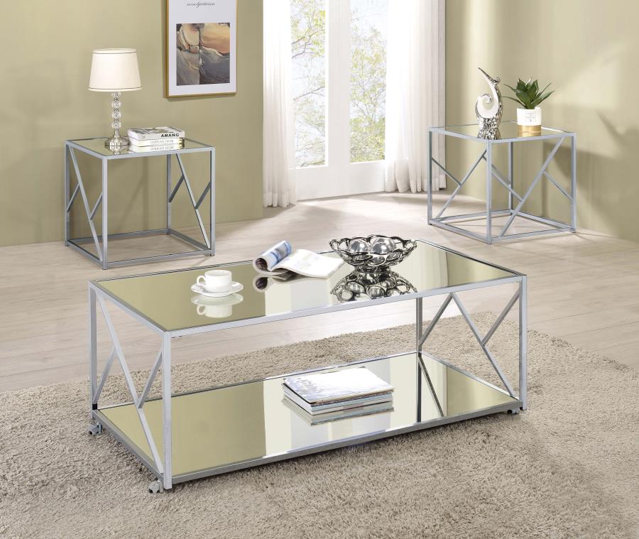 (image for) Provins 3-piece Occasional Table Set Clear Mirror and Chrome