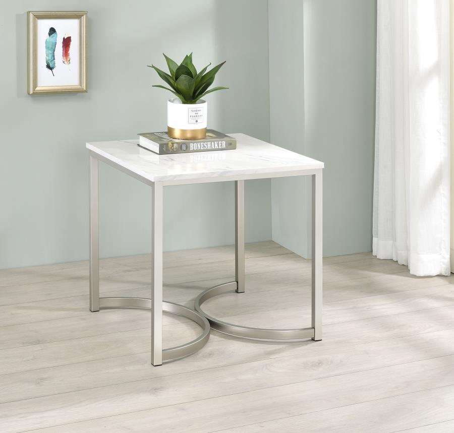 (image for) Leona Square Faux Marble Side End Table Satin Nickel