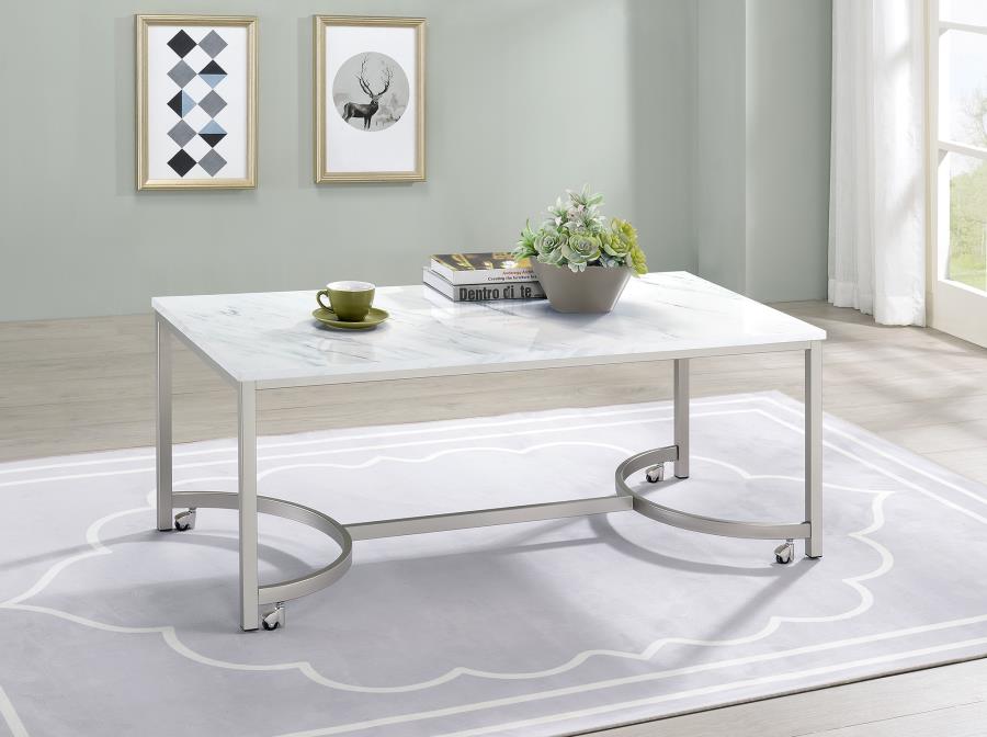 (image for) Leona Faux Marble Coffee Table with Casters Satin Nickel