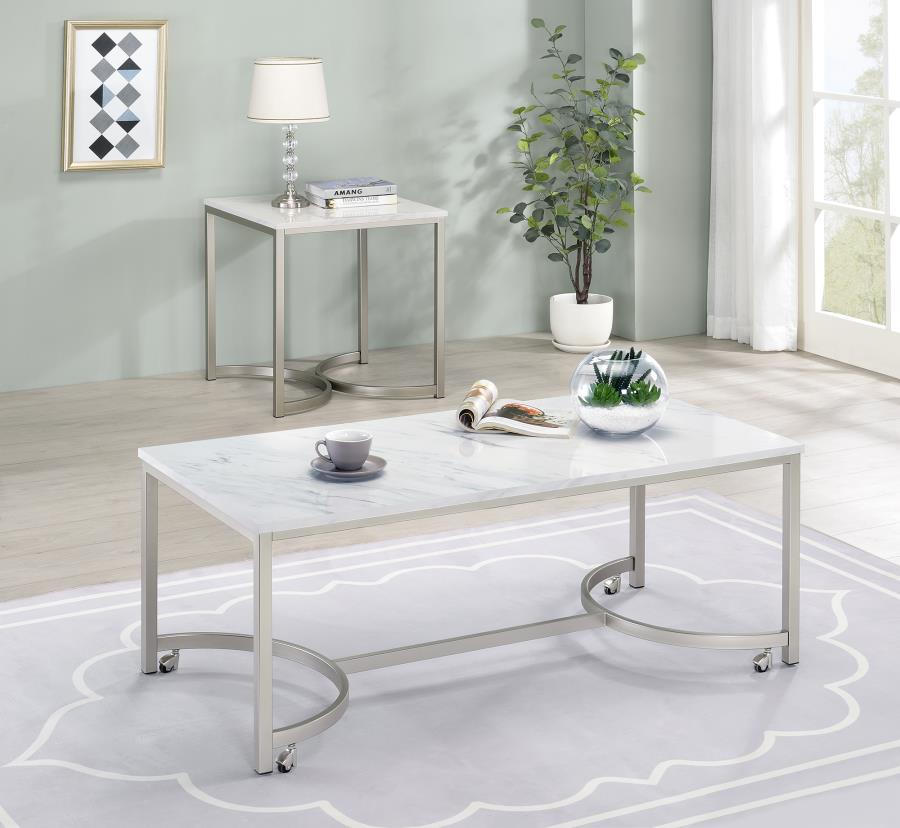 (image for) Leona Faux Marble Coffee Table with Casters Satin Nickel