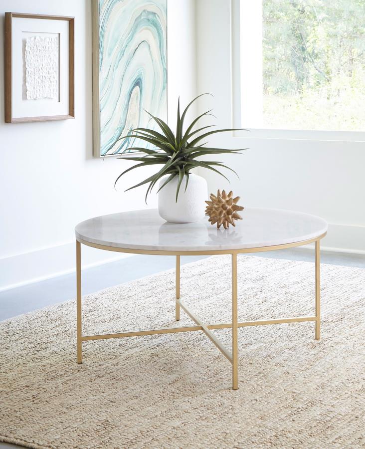 (image for) Ellison Round Marble Top Coffee Table White and Gold