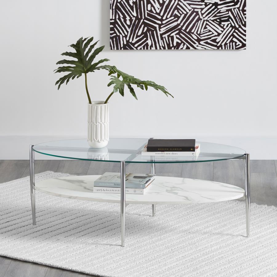 (image for) Cadee Oval Glass Top Coffee Table White and Chrome