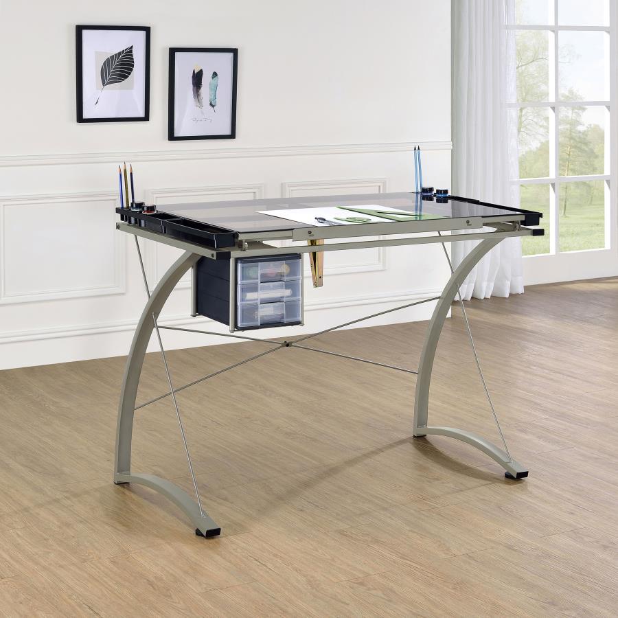 (image for) Melo 41-inch Glass Top Drafting Table with Storage Silver