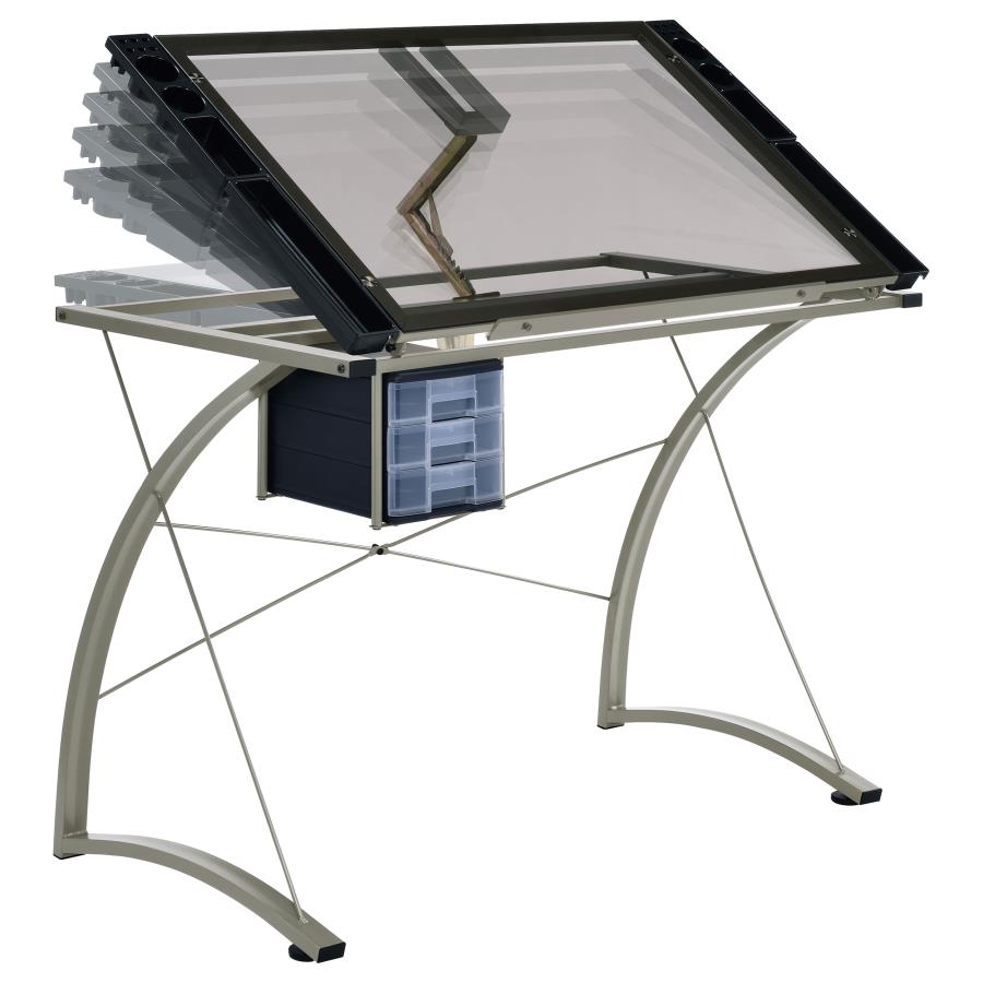 (image for) Melo 41-inch Glass Top Drafting Table with Storage Silver