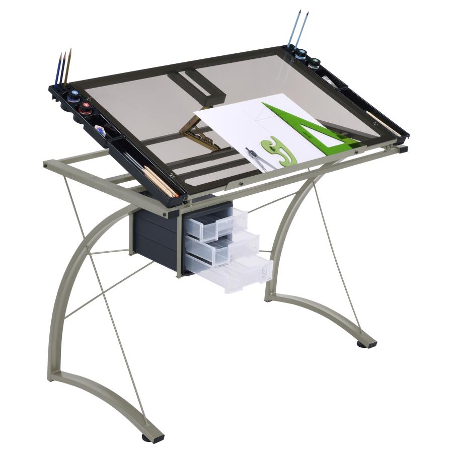 (image for) Melo 41-inch Glass Top Drafting Table with Storage Silver