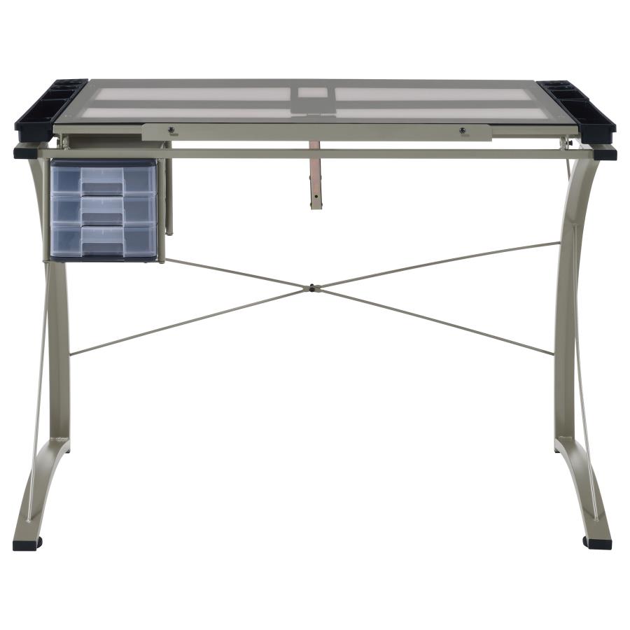 (image for) Melo 41-inch Glass Top Drafting Table with Storage Silver