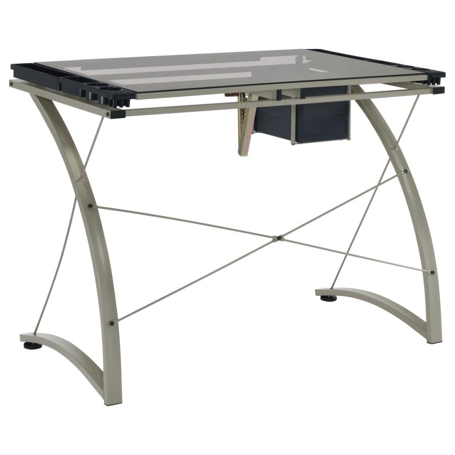 (image for) Melo 41-inch Glass Top Drafting Table with Storage Silver