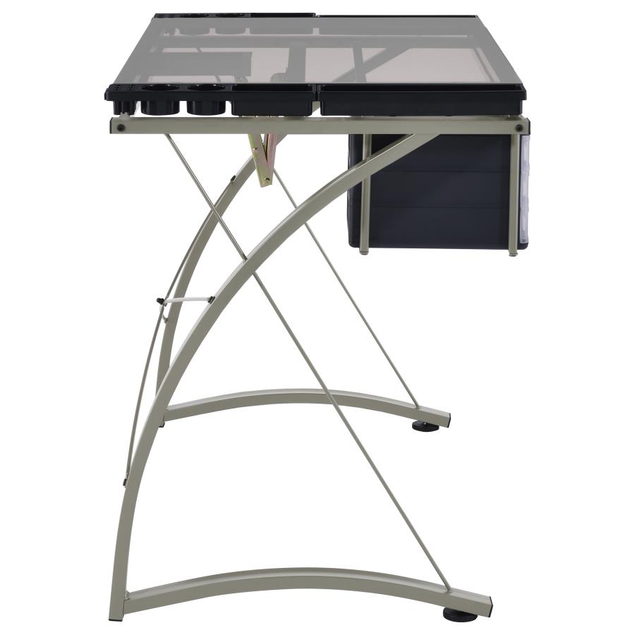 (image for) Melo 41-inch Glass Top Drafting Table with Storage Silver