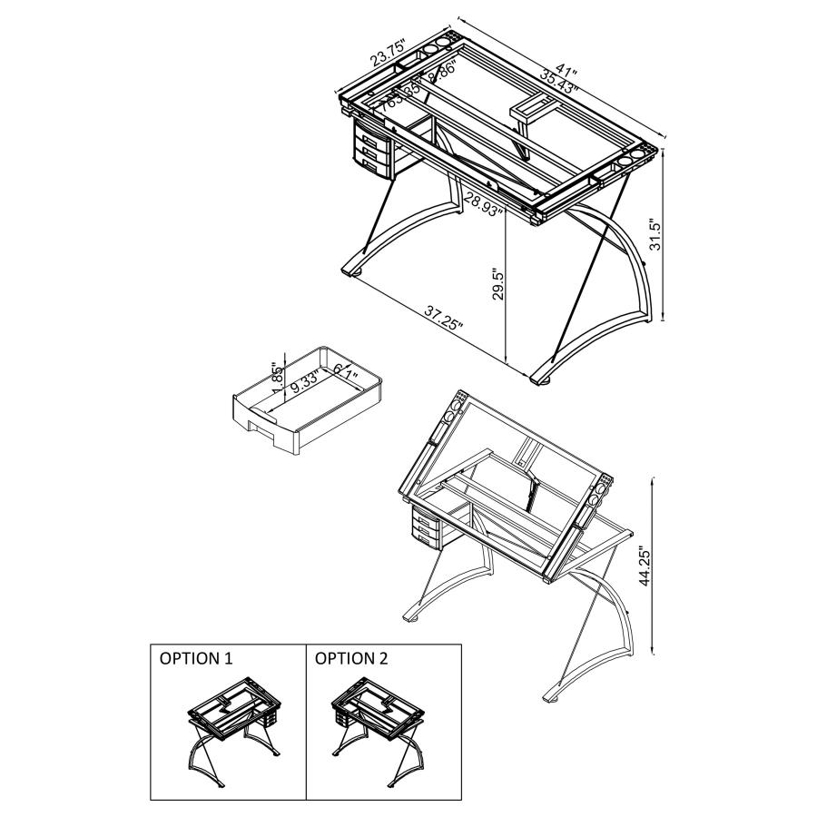 (image for) Melo 41-inch Glass Top Drafting Table with Storage Silver