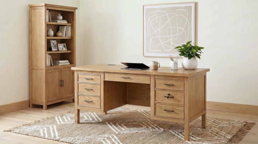 Vermes 66-inch 7-drawer Computer Desk with Power Outlet Light Ash