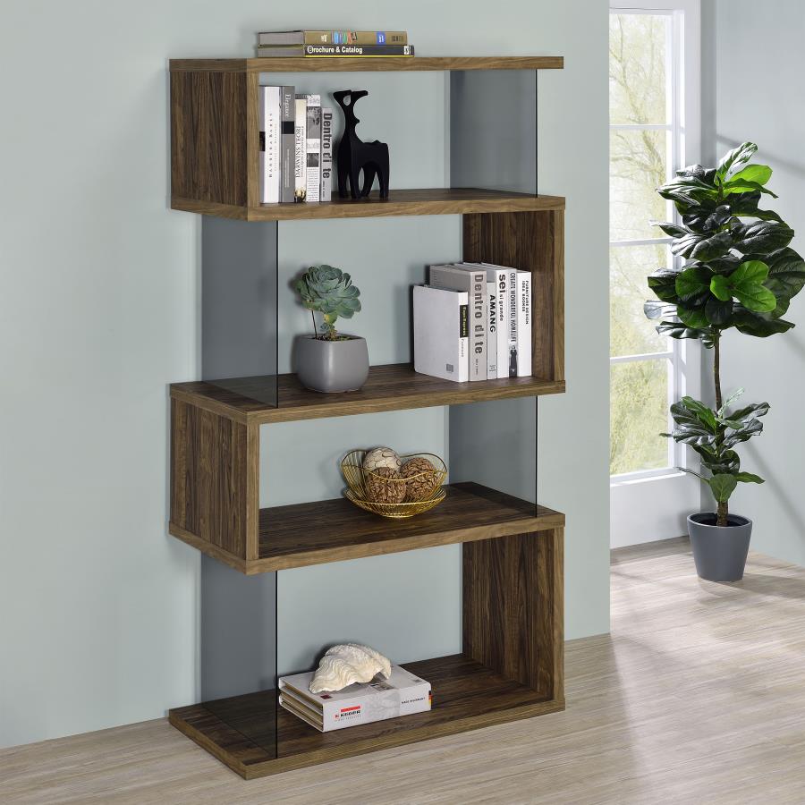 (image for) Emelle 63-inch 4-shelf Glass Panel Bookshelf Aged Walnut