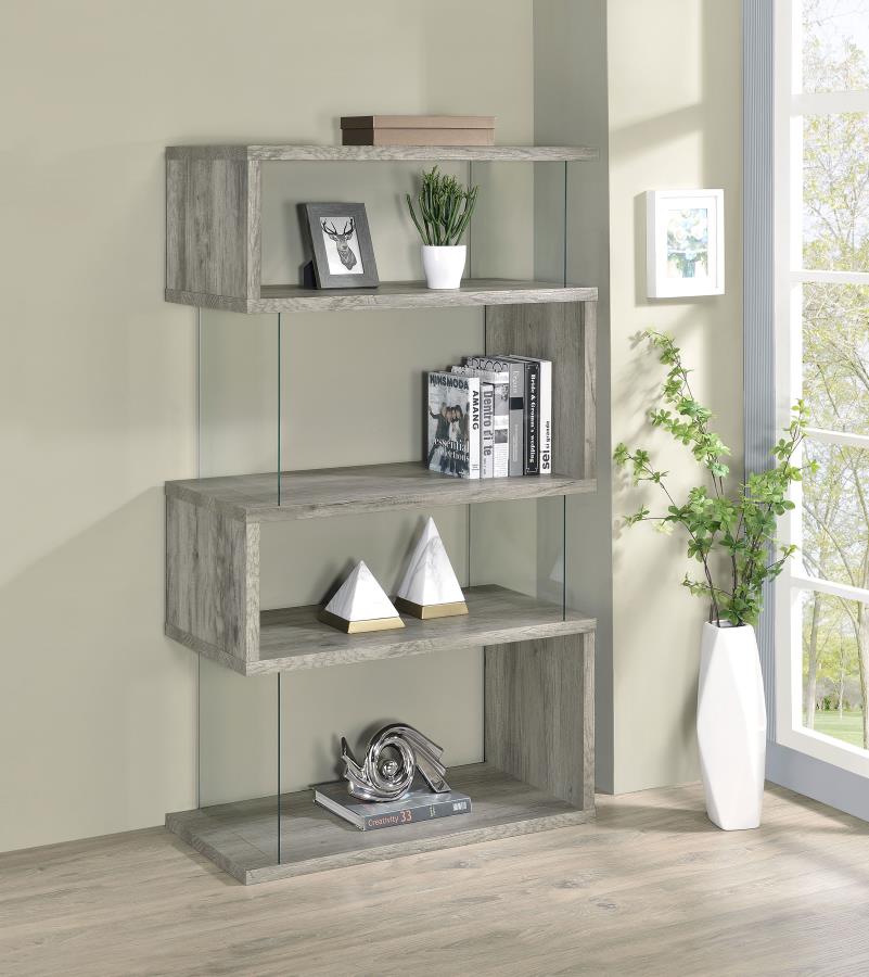 (image for) Emelle 63-inch 4-shelf Glass Panel Bookshelf Grey Driftwood