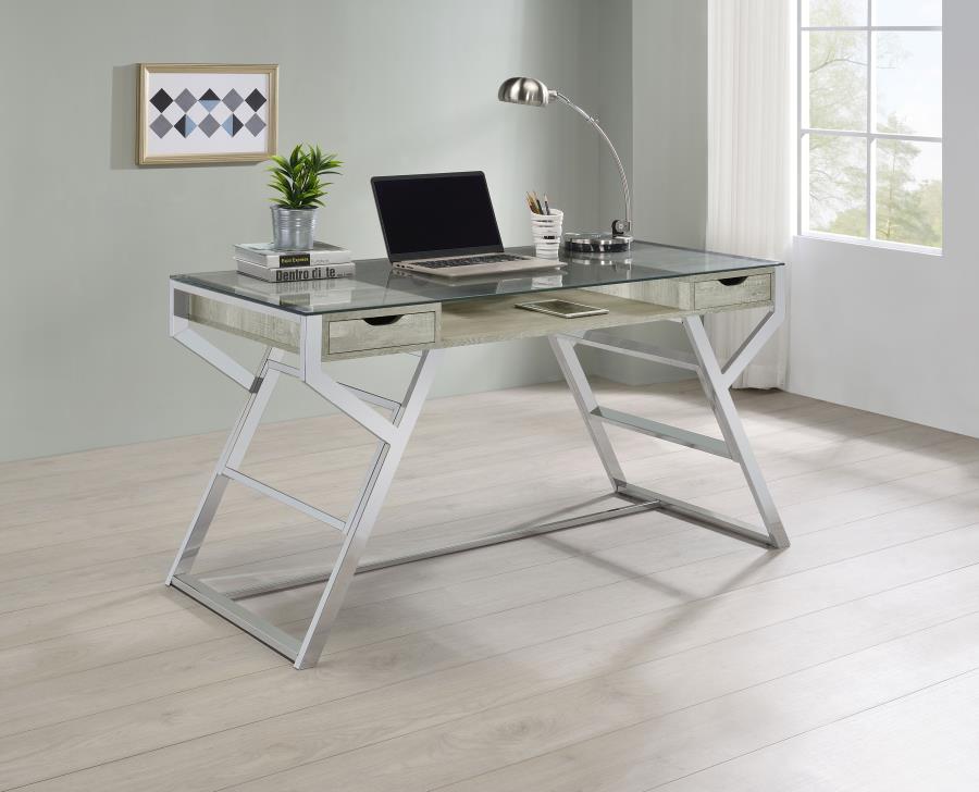 (image for) Emelle 56-inch Glass Top Writing Desk Grey Driftwood