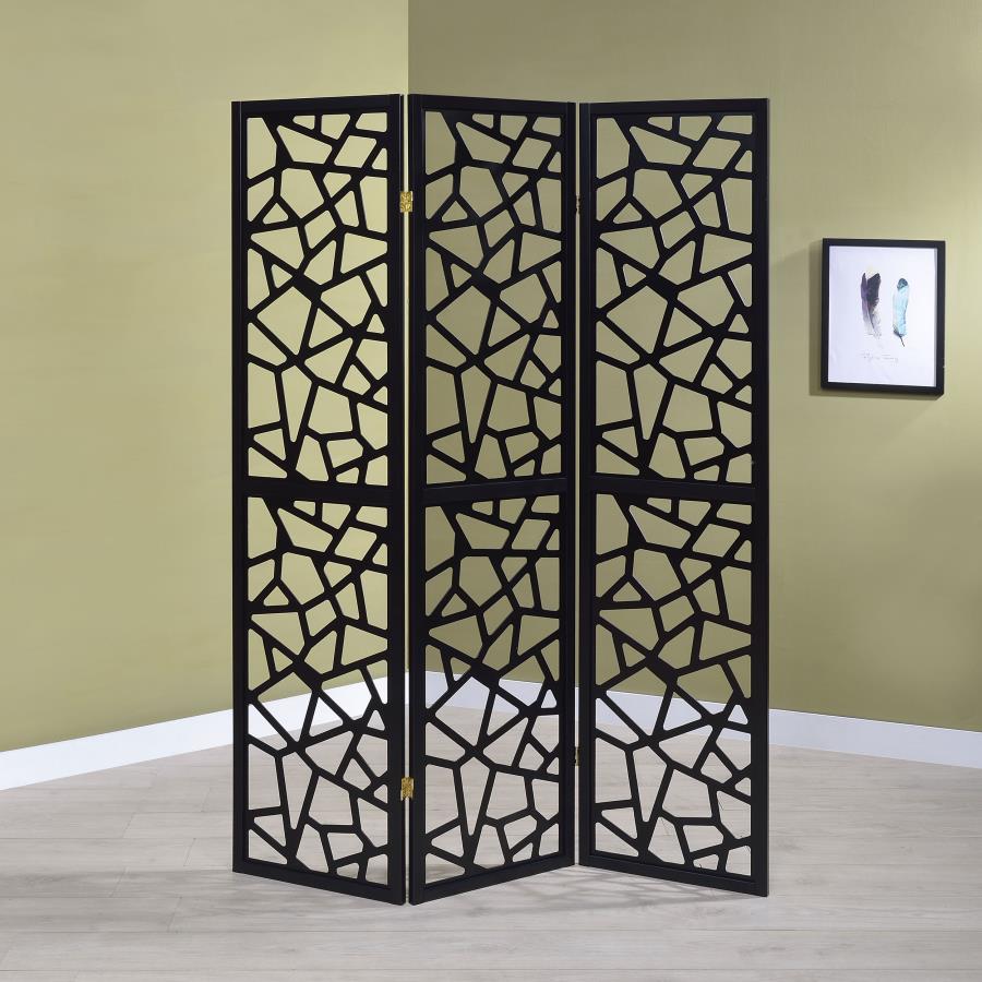 (image for) Nailan 3-Panel Room Divider Folding Screen Black Open Mosaic