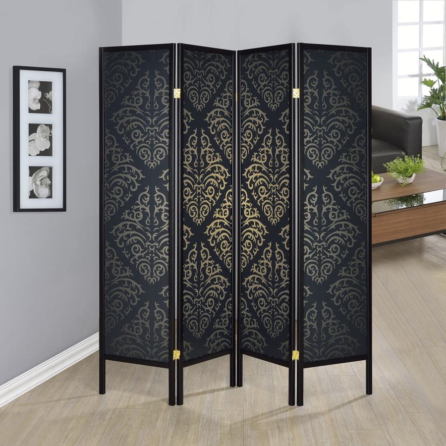 (image for) Haidera 4-Panel Room Divider Folding Screen Black Damask