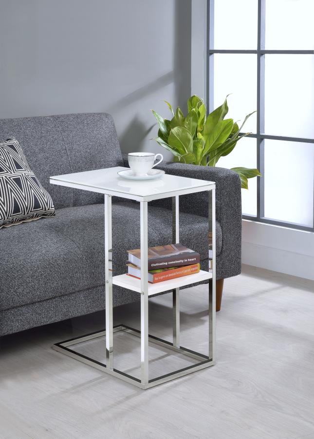 (image for) Daisy Glass Top C-Shaped Sofa Side Table White and Chrome