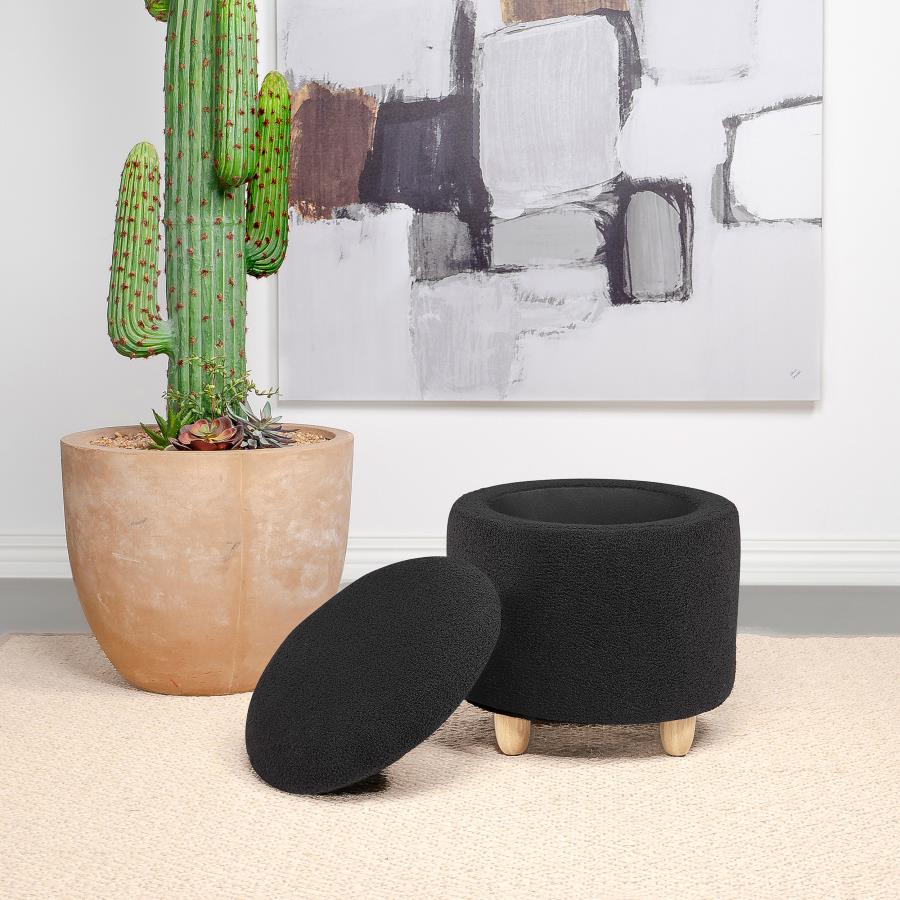 (image for) Valia Faux Sheepskin Upholstered Round Storage Ottoman Black