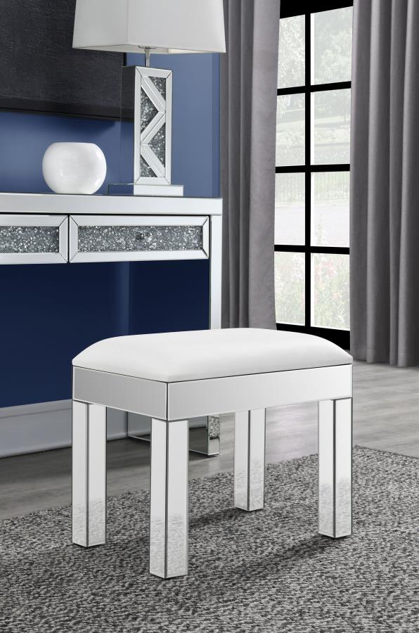 (image for) Roxie Rectangular Upholstered Vanity Stool White and Mirror