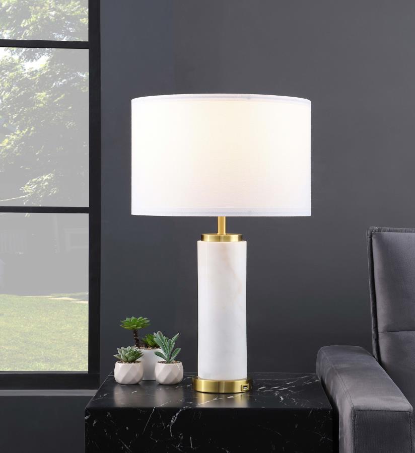 (image for) Lucius 25-inch Drum Shade Marble Body Table Lamp White