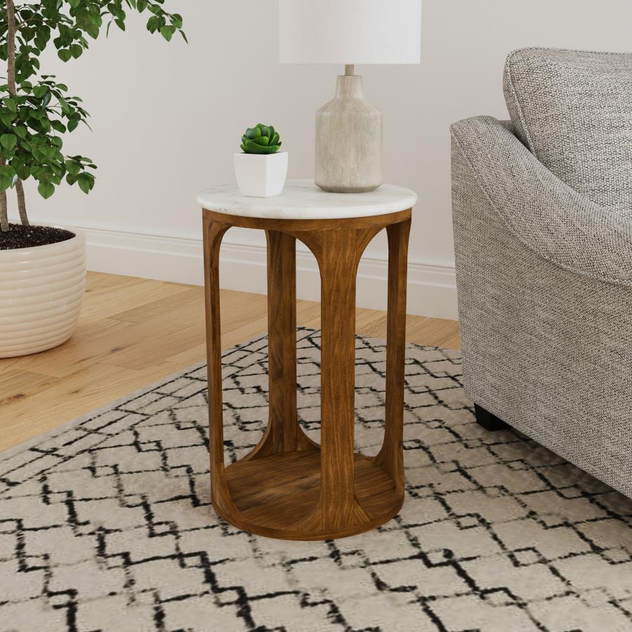 (image for) Berkeley Round Marble Top Side Table White and Brown