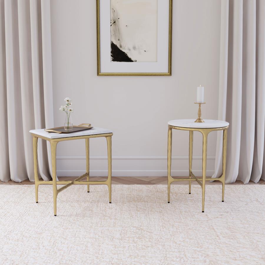 (image for) Baldwin Round Marble Top Side Table White and Gold