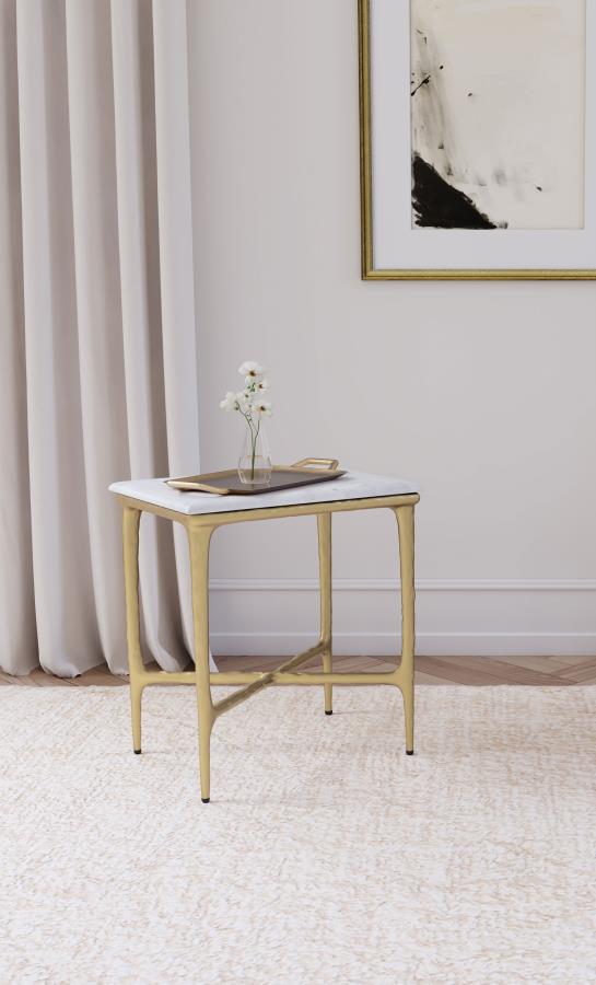 (image for) Baldwin Rectangular Marble Top Side Table White and Gold