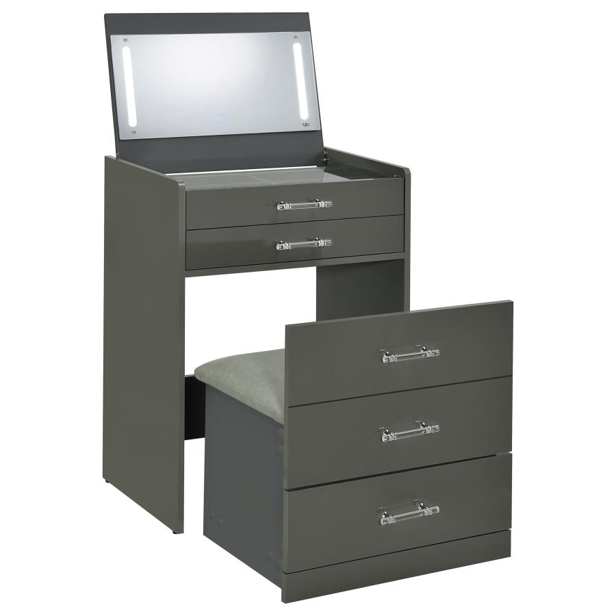 (image for) Danbury 3-drawer Makeup Vanity & Stool Set Grey High Gloss