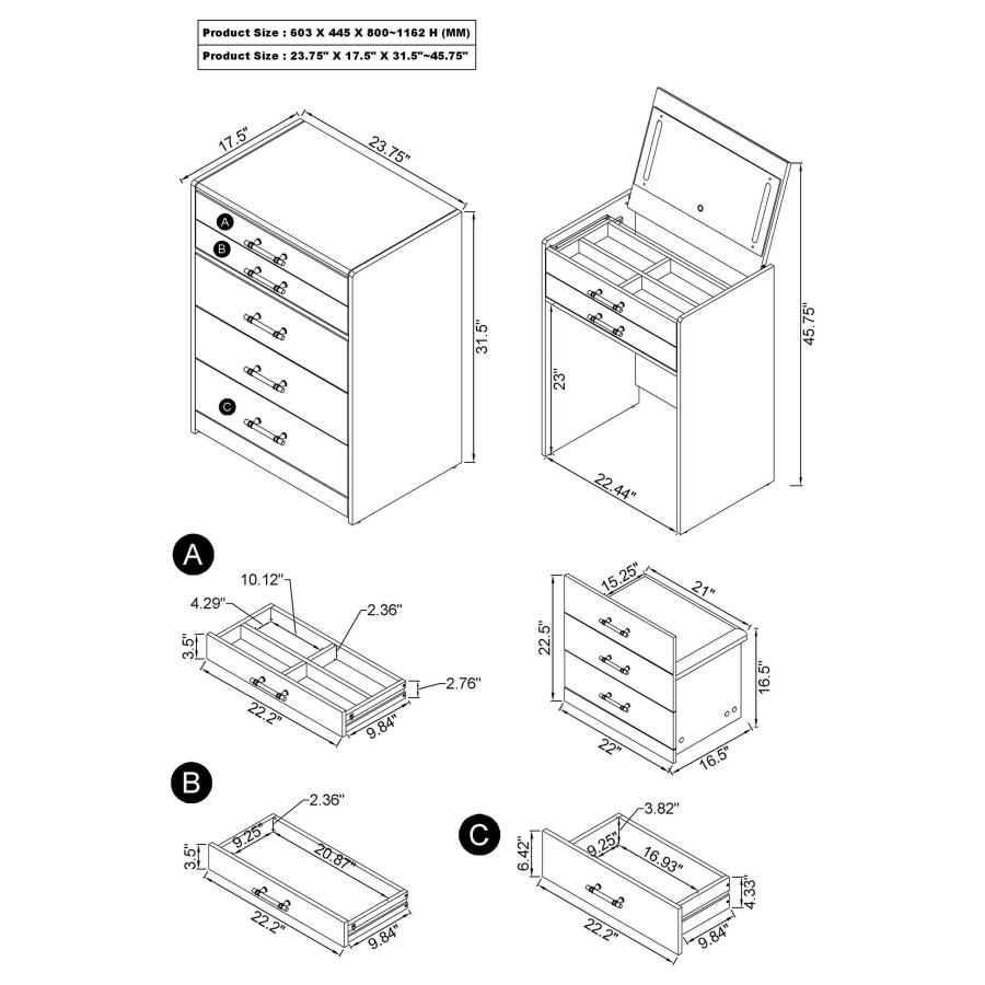 (image for) Danbury 3-drawer Makeup Vanity & Stool Set Grey High Gloss