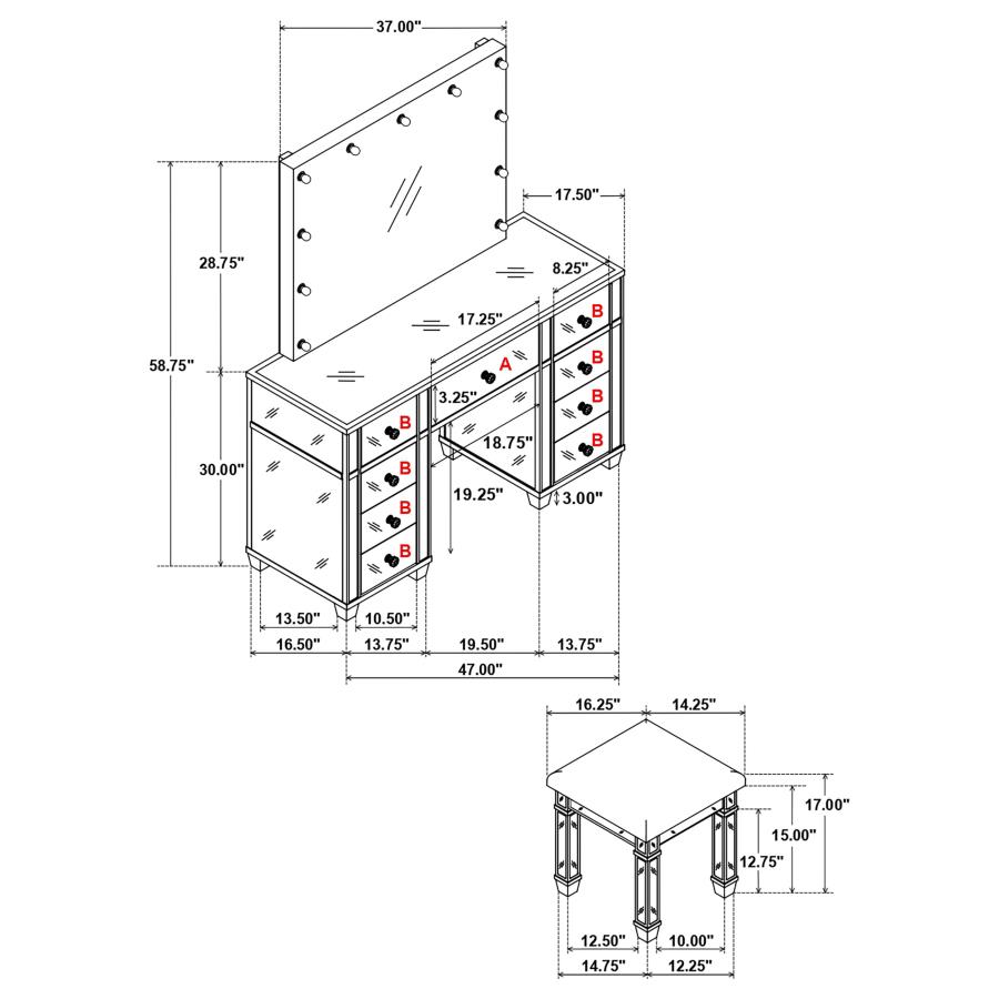 (image for) Allora 9-drawer Vanity Set with Lighting Metallic Silver