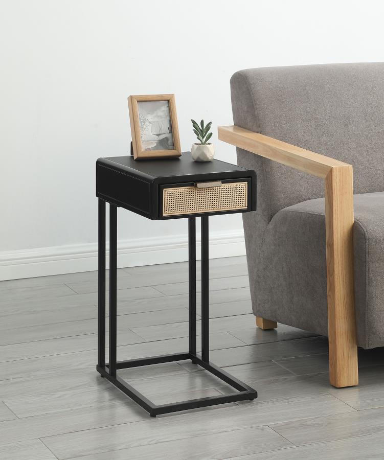 (image for) Amherst 1-drawer Radio Weave Cane Metal Side Table Black