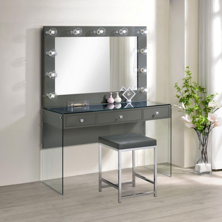 (image for) Afshan 3-drawer Vanity Set with Lighting Grey High Gloss