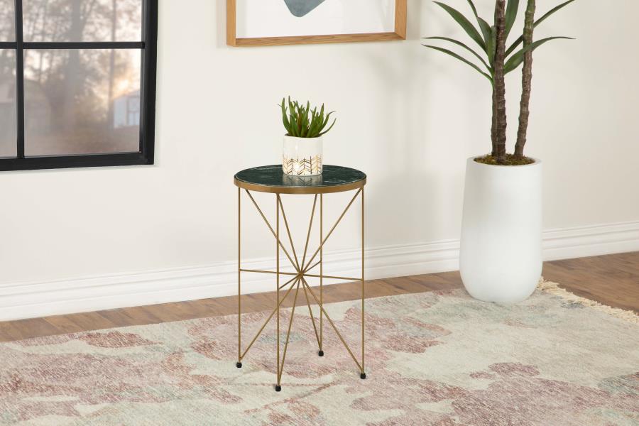 (image for) Eliska Round Green Marble Top Accent Side Table Antique Gold