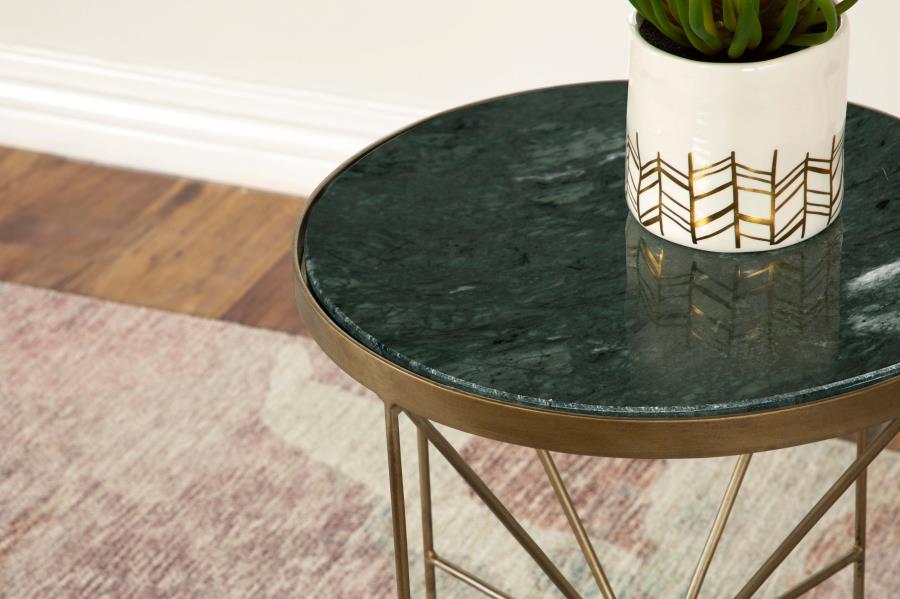 (image for) Eliska Round Green Marble Top Accent Side Table Antique Gold