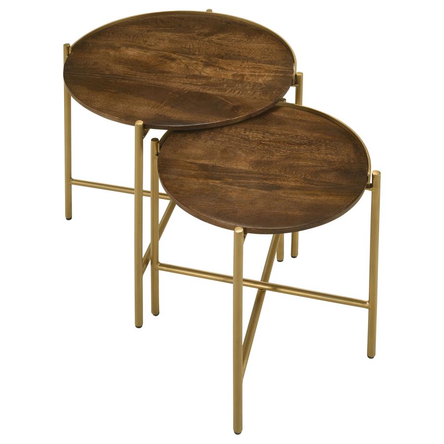 (image for) Malka 2-piece Round Wood Nesting Table Dark Brown and Gold