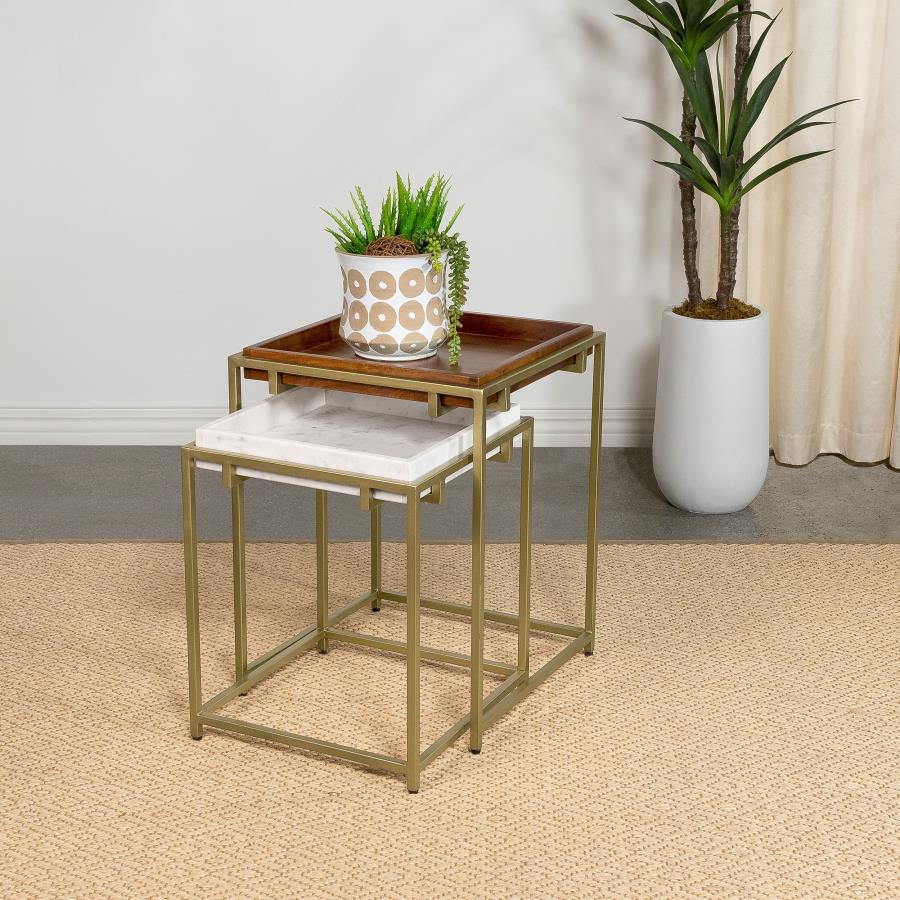 (image for) Bolden 2-Piece Wood and Marble Top Nesting Table Set Gold