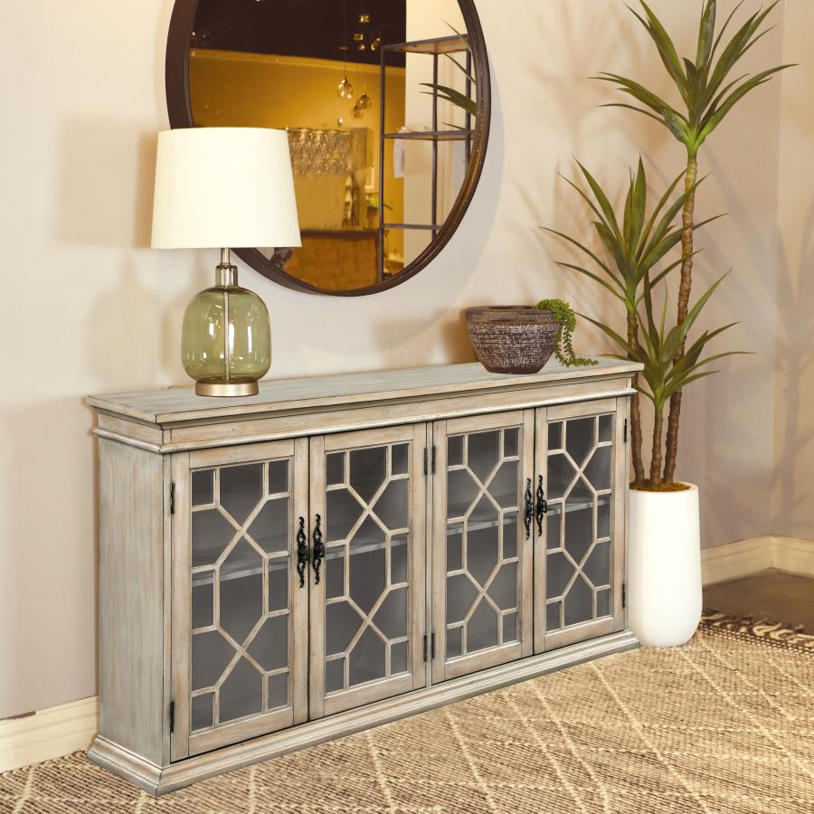 (image for) Kiara 4-door Wood Lattice Storage Accent Cabinet Light Honey