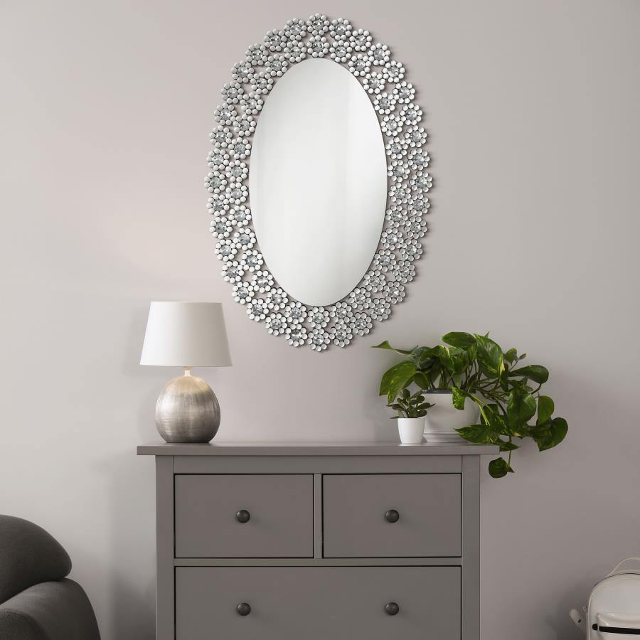 (image for) Colleen 31 x 47 Inch Oval Wall Mirror Crystal Flowers Silver