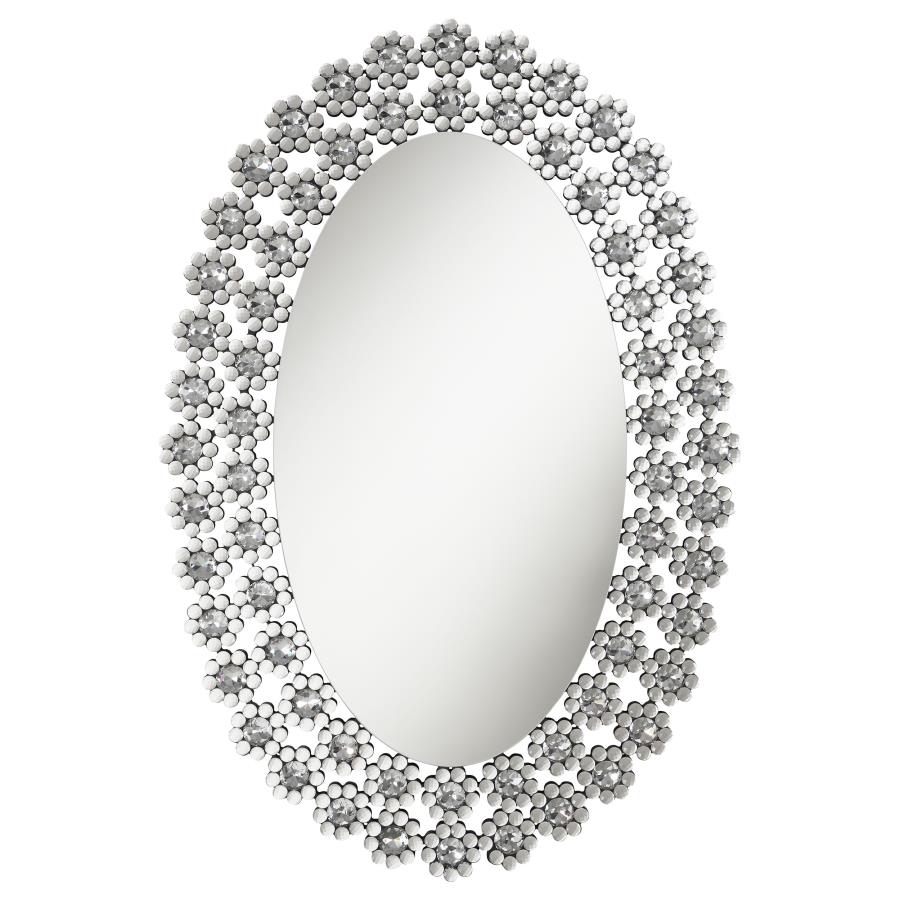 (image for) Colleen 31 x 47 Inch Oval Wall Mirror Crystal Flowers Silver