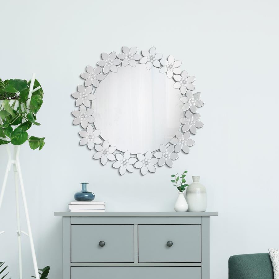 (image for) Cordelia 36 x 36 Inch Round Floral Wall Mirror Silver